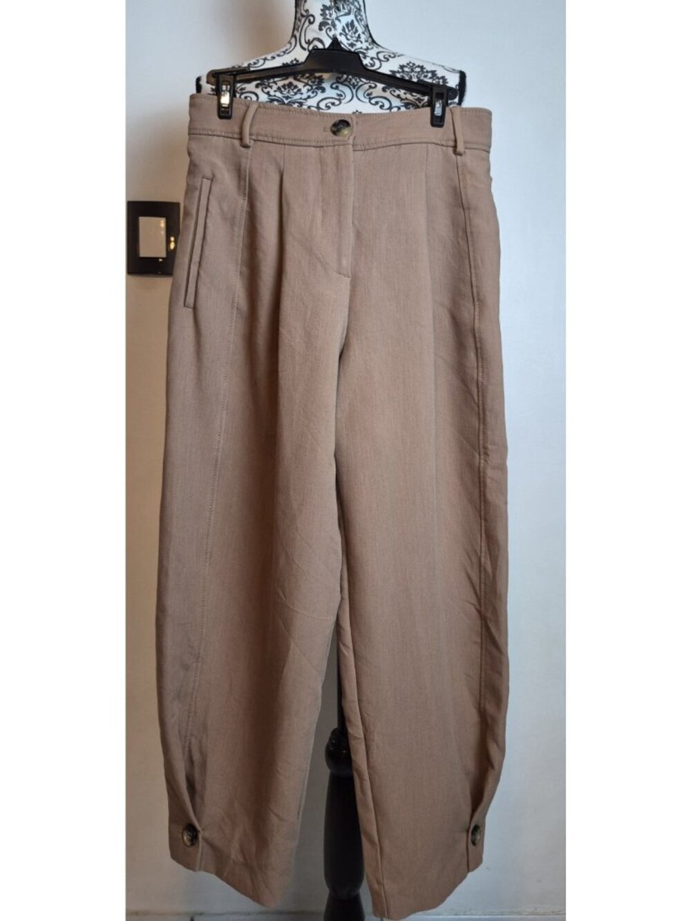 Zara Womens Small Tan Wide Leg Trousers Pleated Button Ankle Detail Career